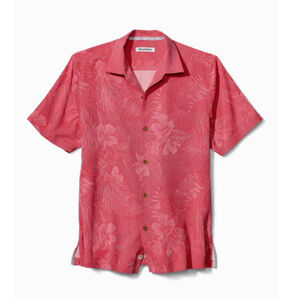 B13-Men's Tommy Bahama Floral Coral Pink button down 100% silk shirt